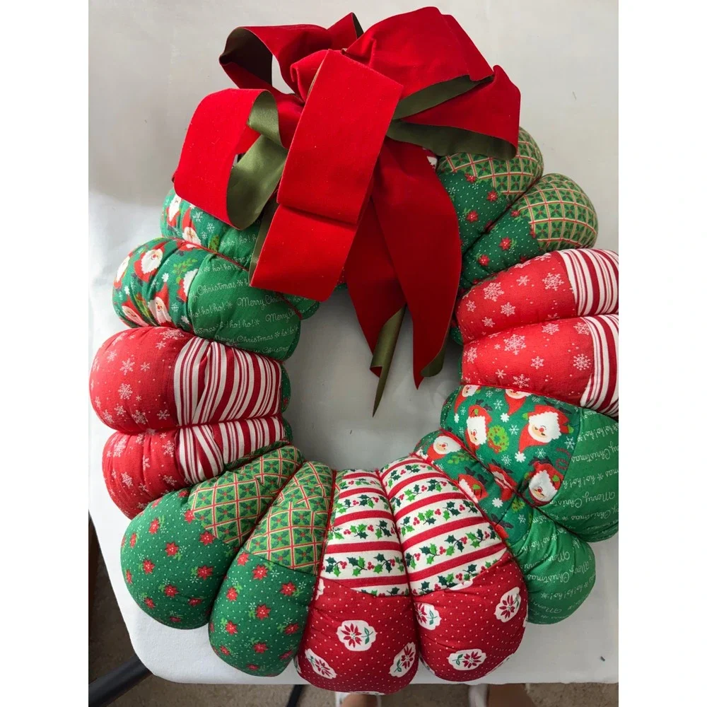 Handmade Quilted Christmas Decor Set Stuffed Wreath and Tabletop Tree Red Green